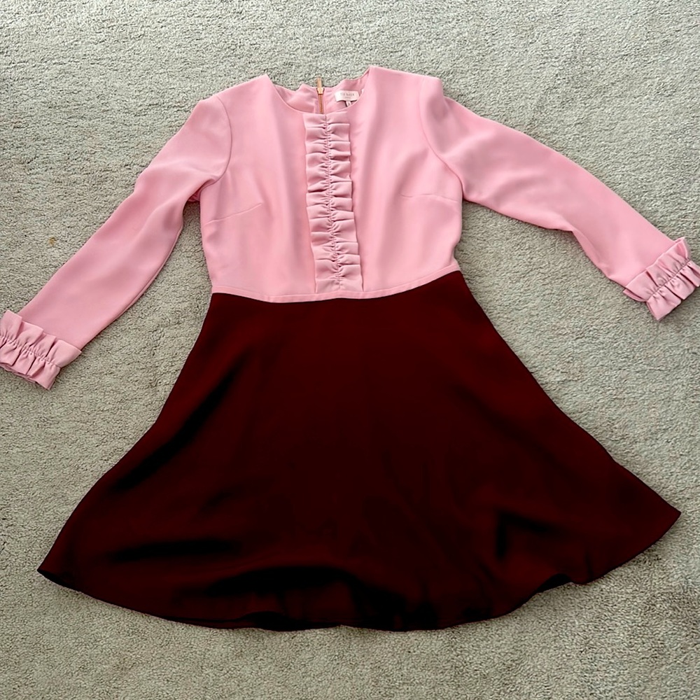 Ted baker two toned burgundy and pink ruffle sleeve dress